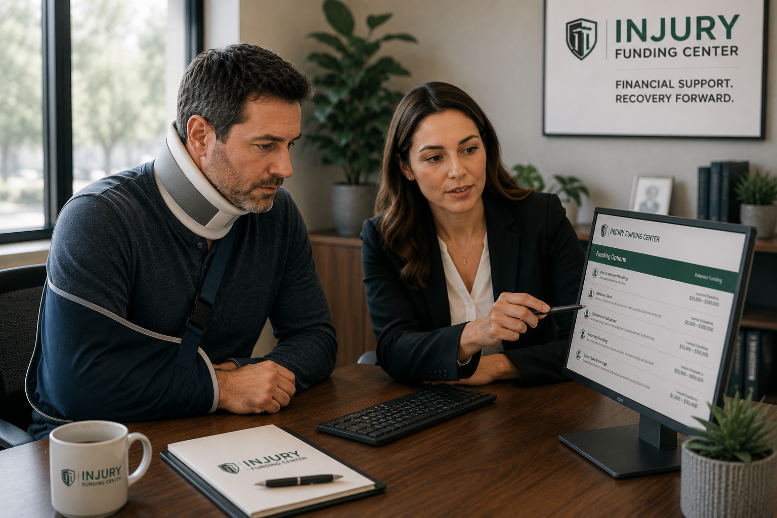 Injured claimant reviewing funding options with a financial support professional